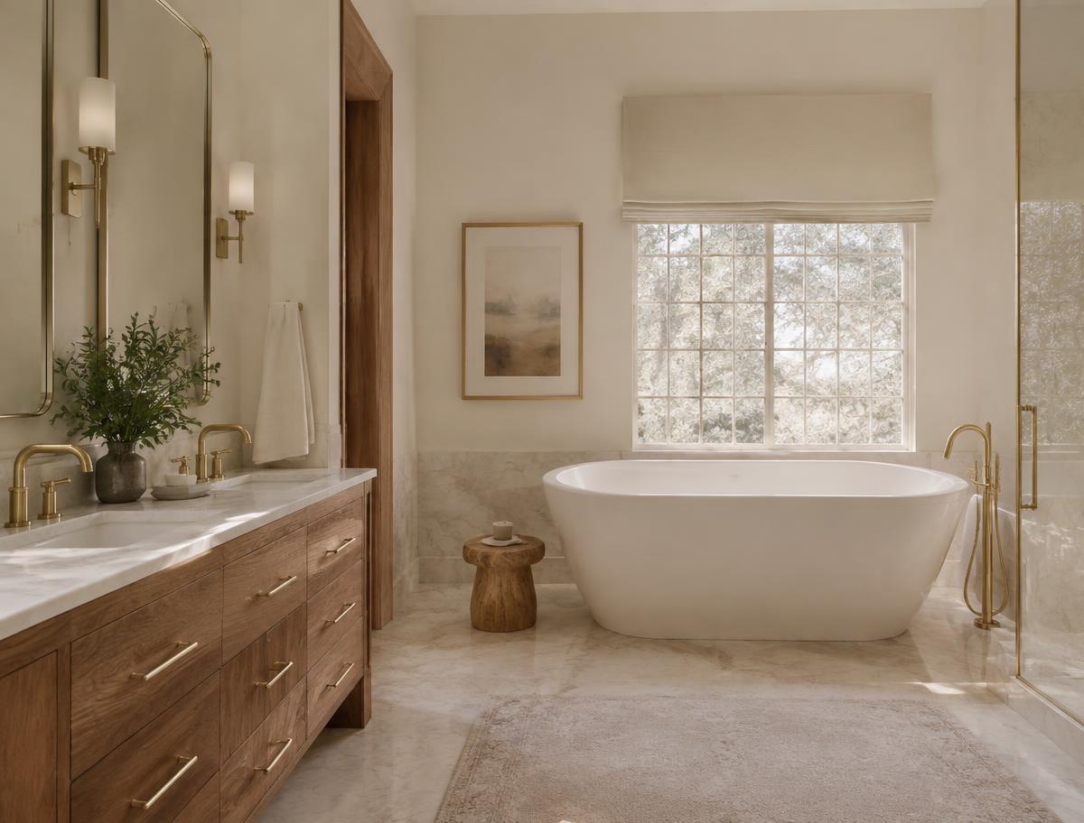 Cream marble bathroom with freestanding tub and brass fittings
