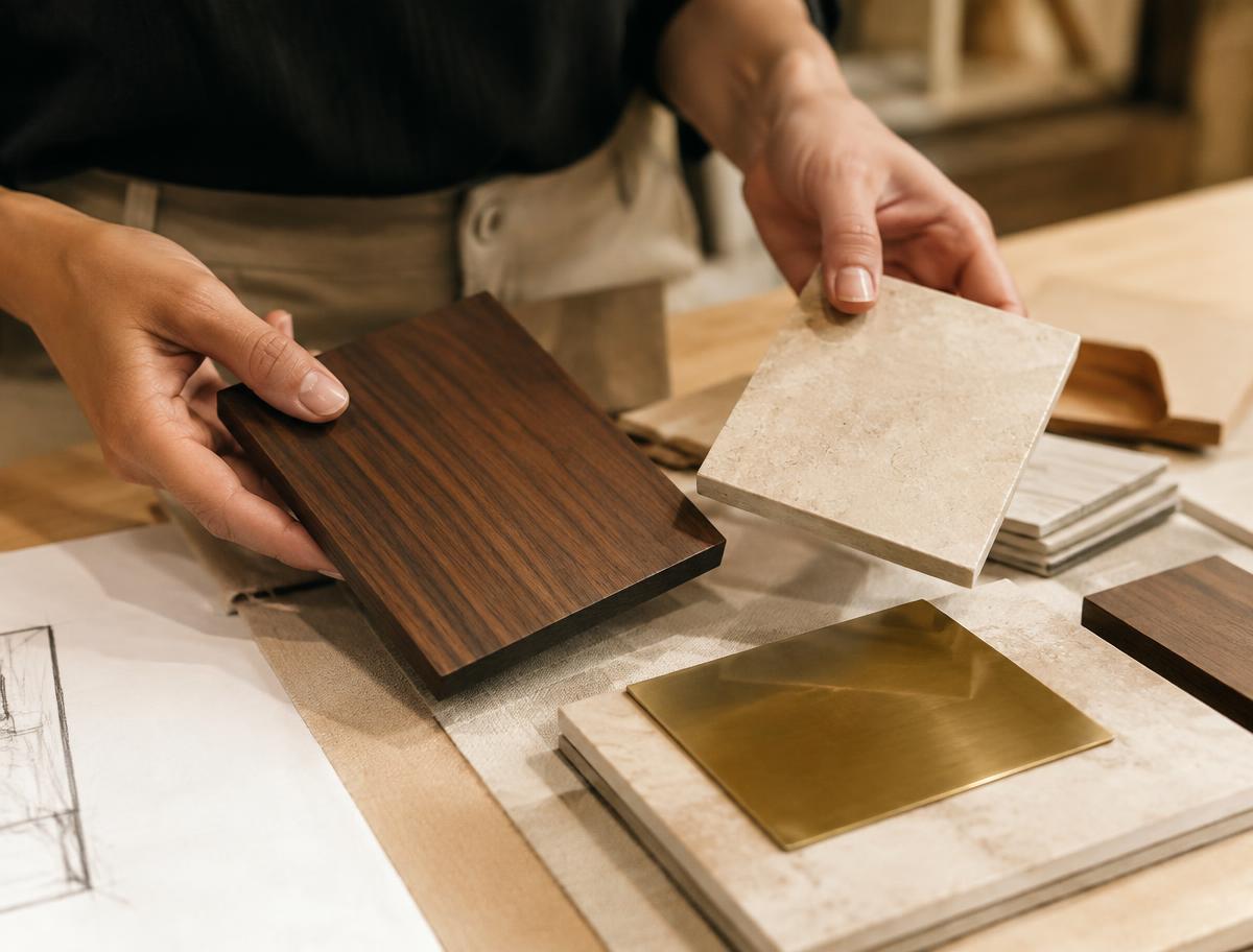 Walnut, brass and stone material samples on a workbench