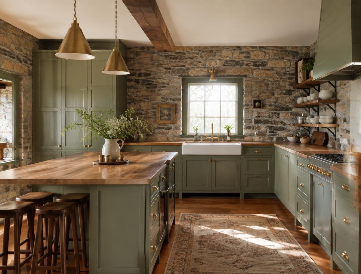 Sage green farmhouse kitchen with stone walls and butcher block